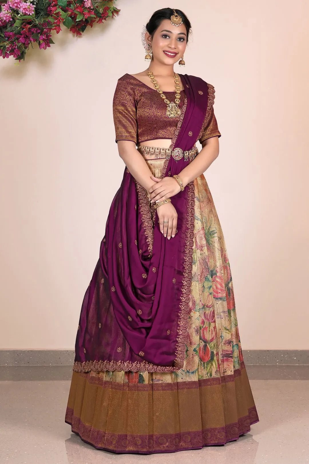 Chiku Banarasi Jacquard With Digital Print Lehenga Choli - Gajiwala
