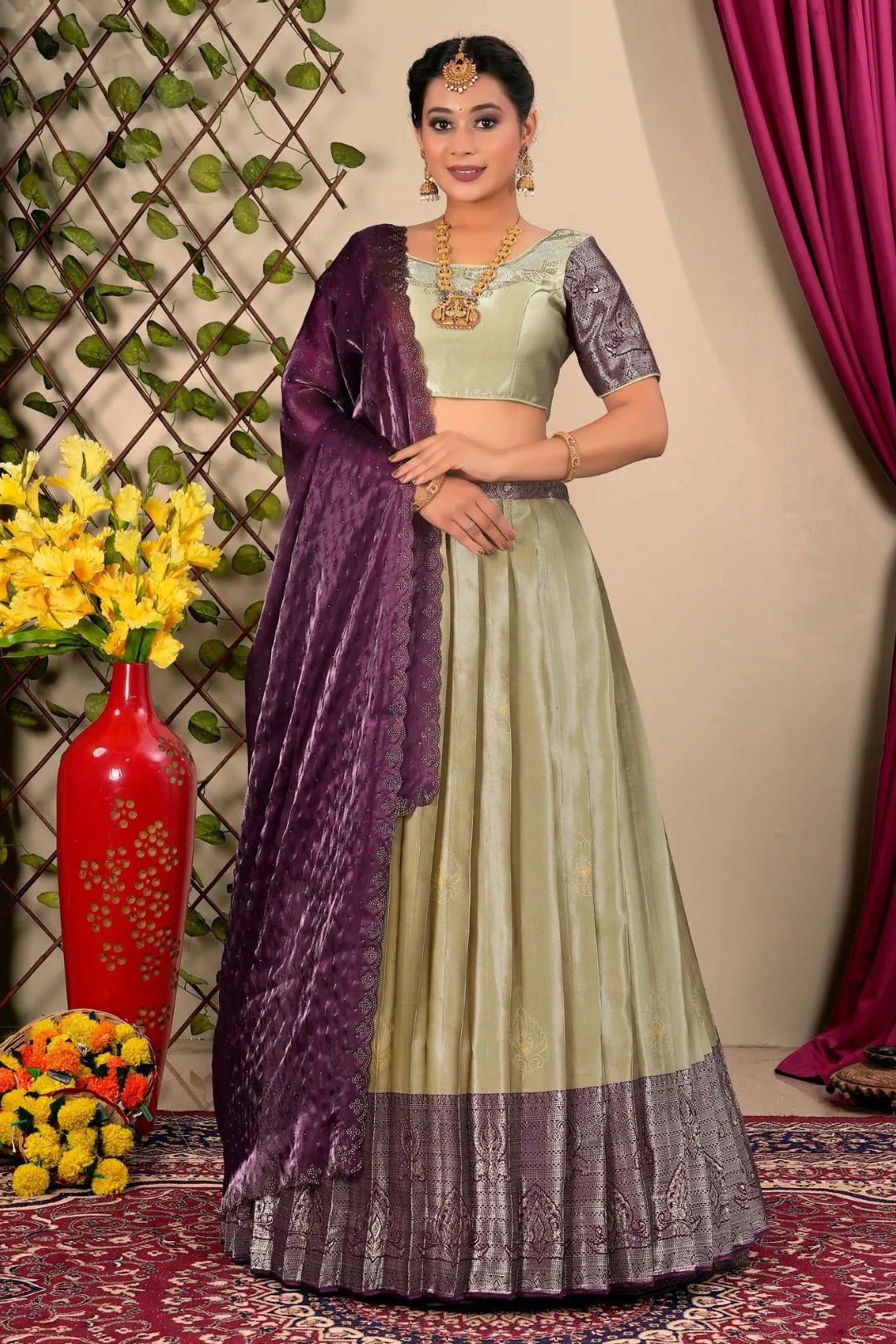 Chiku Jacquard Silk Half Saree For Women - Gajiwala