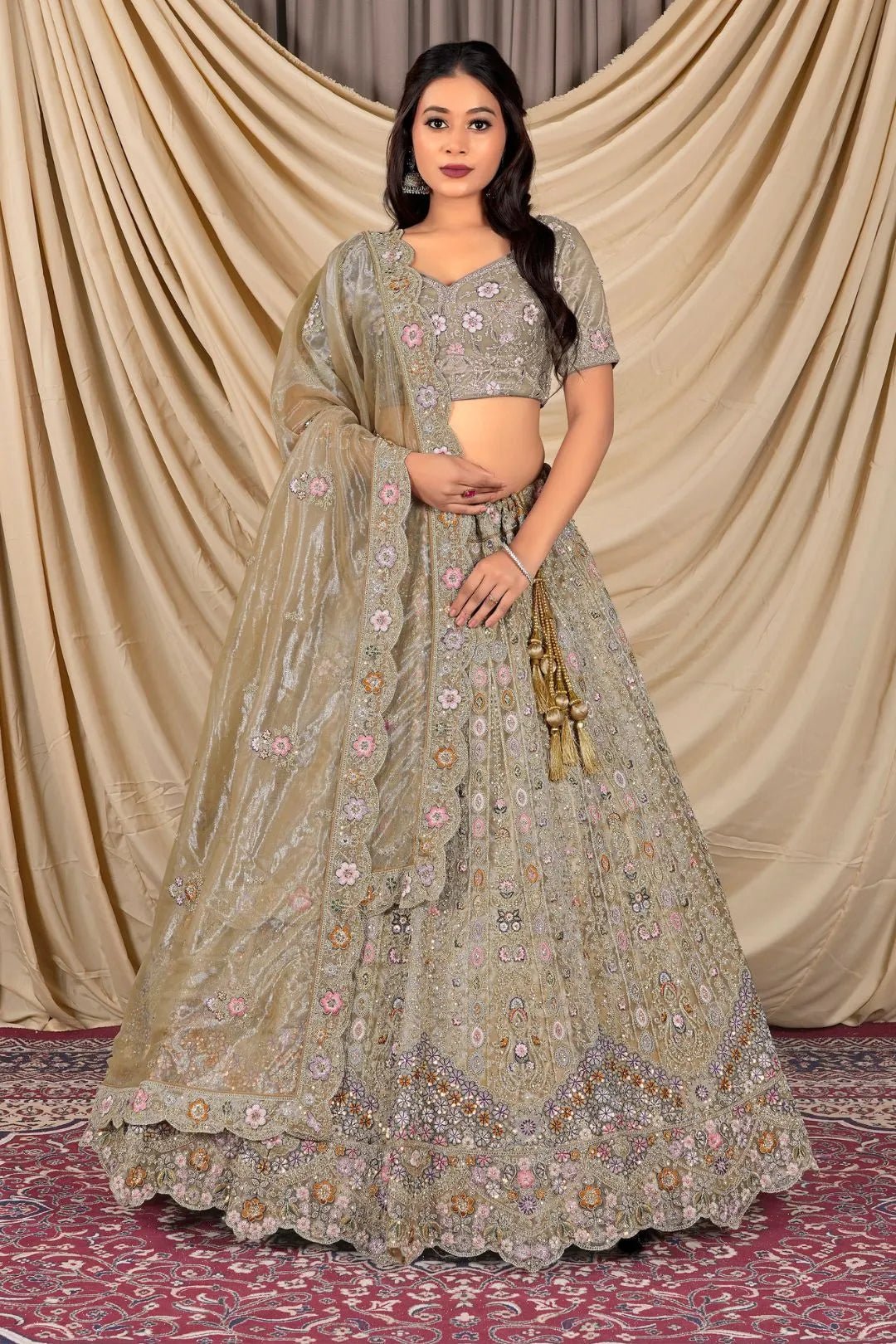 Chiku Party Wear Embroidered Twill Net Lehenga Choli For Women - Gajiwala