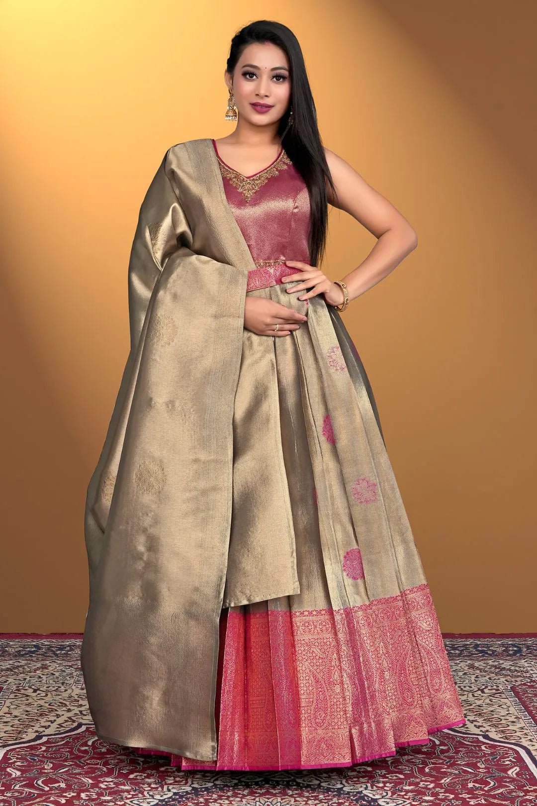 Chiku Pure Zari Silk Pattu Gown With Dupatta - Gajiwala