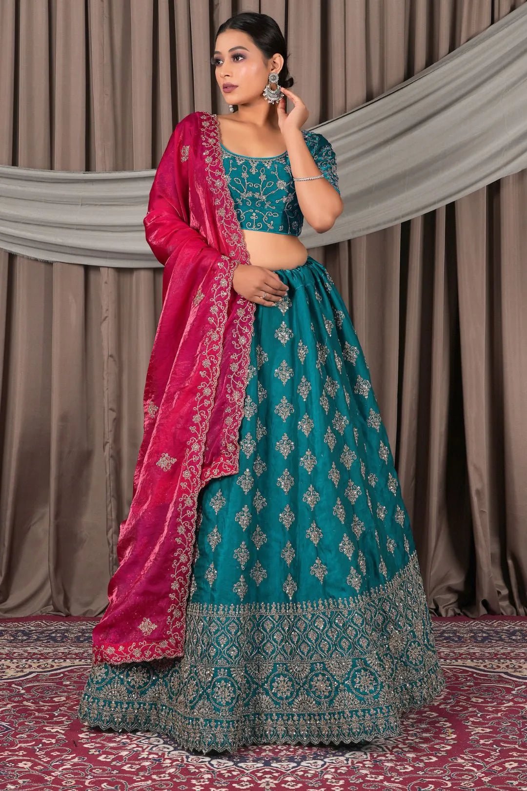 Firozi Fendy Silk Semi - Stitched Lehenga For Women - Gajiwala