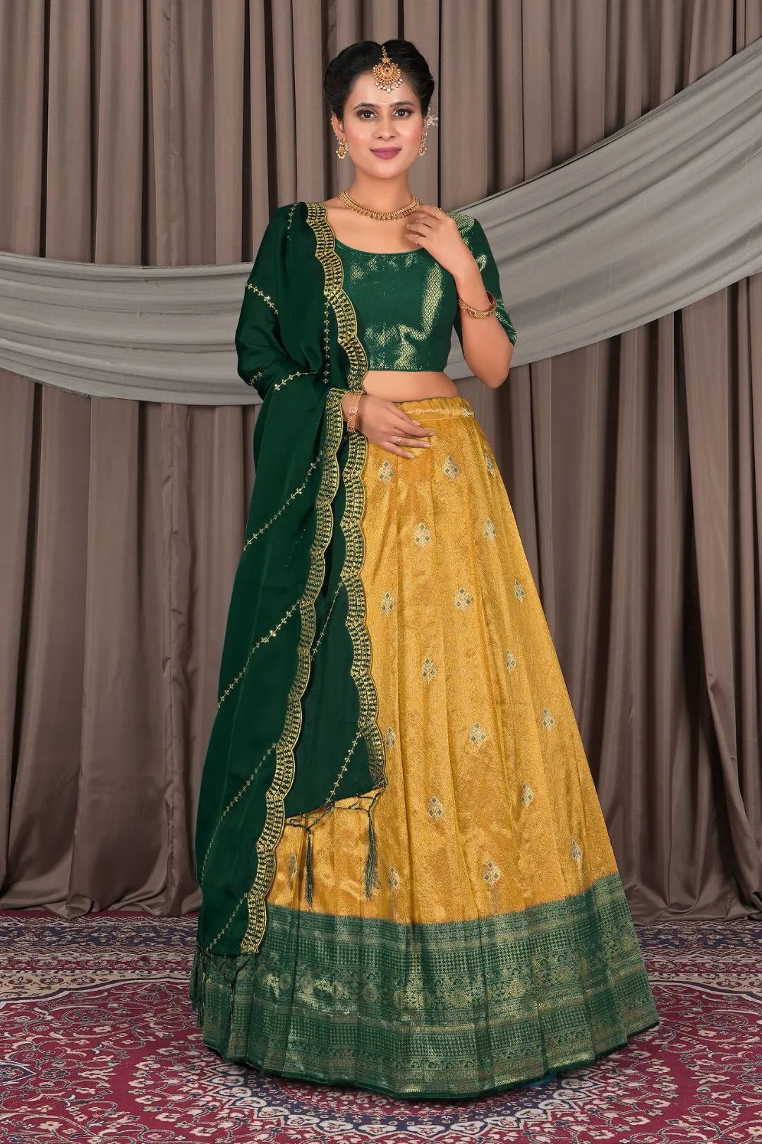 Gold Banarasi Silk Lehenga Choli In Festival - Gajiwala