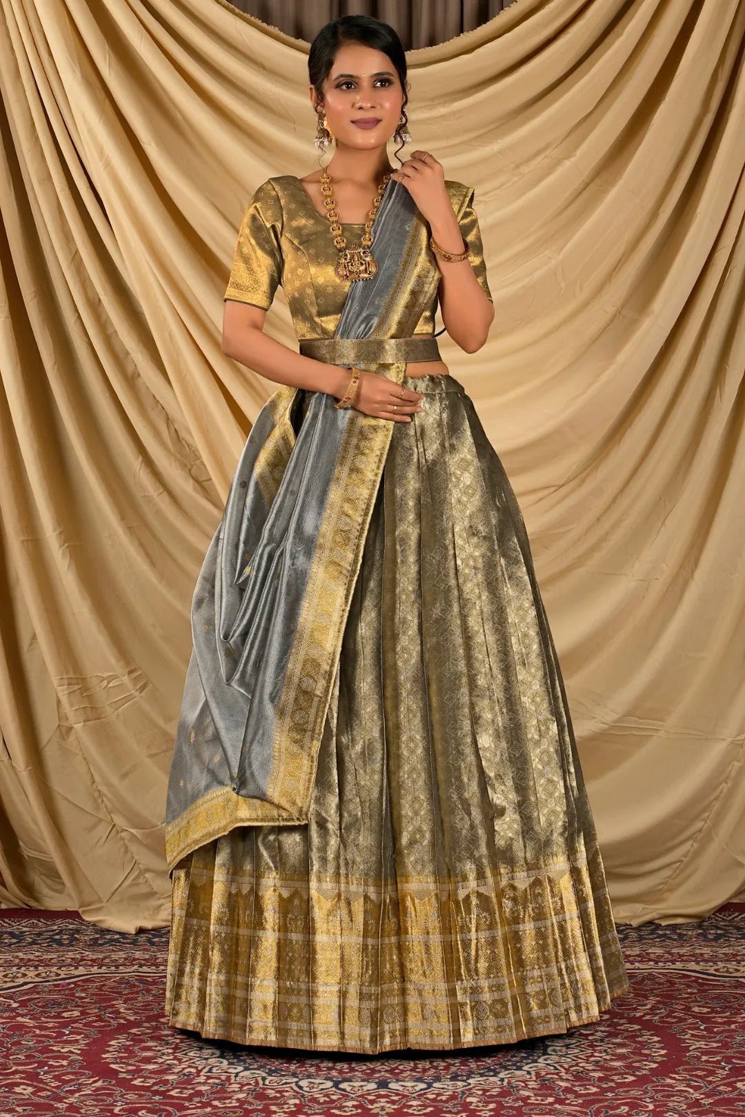 Gray Pure Two Tone Zari Tissue Lehenga Choli For Women - Gajiwala