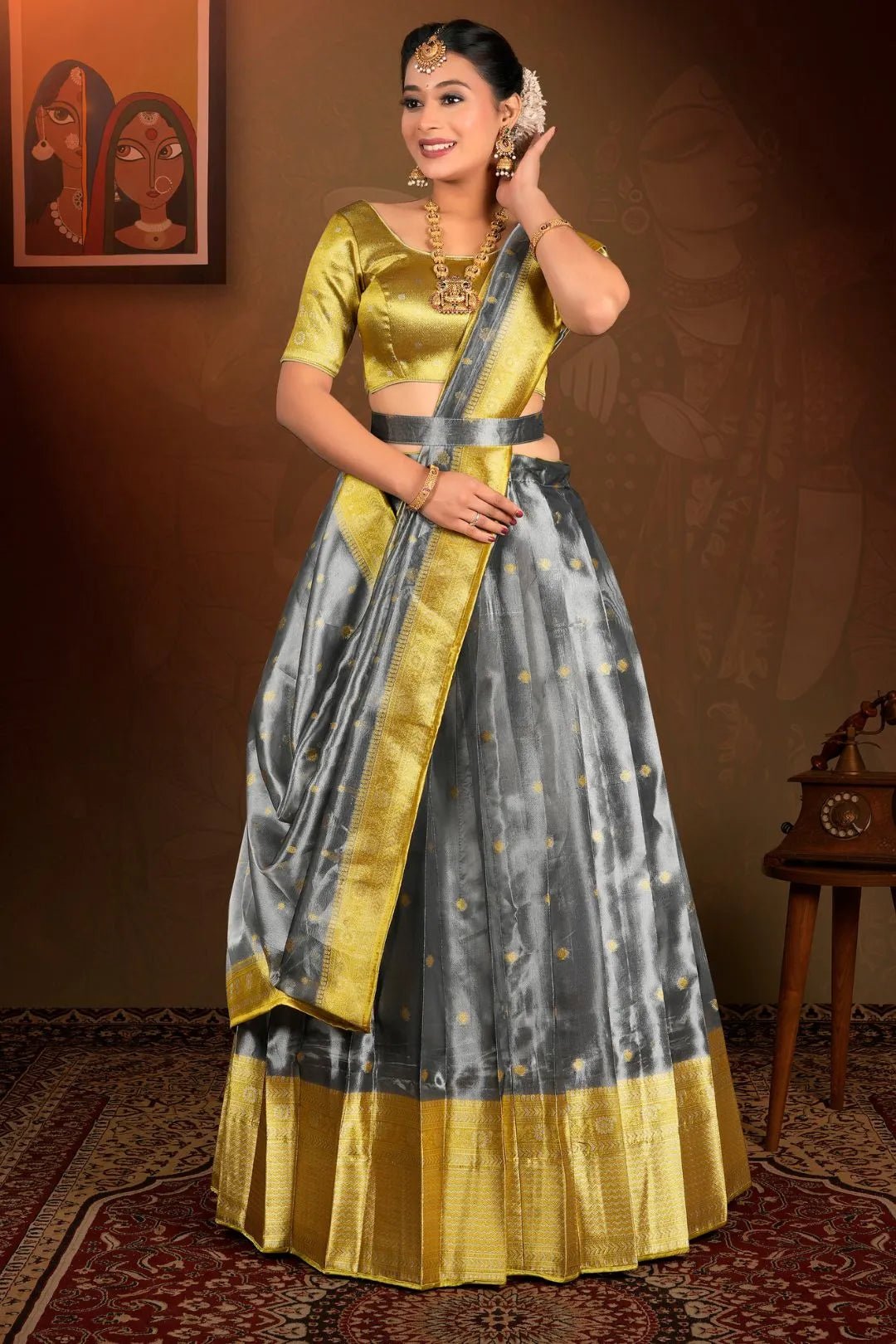 Gray Tissue Silk Zari Work Lehenga Choli For Women - Gajiwala