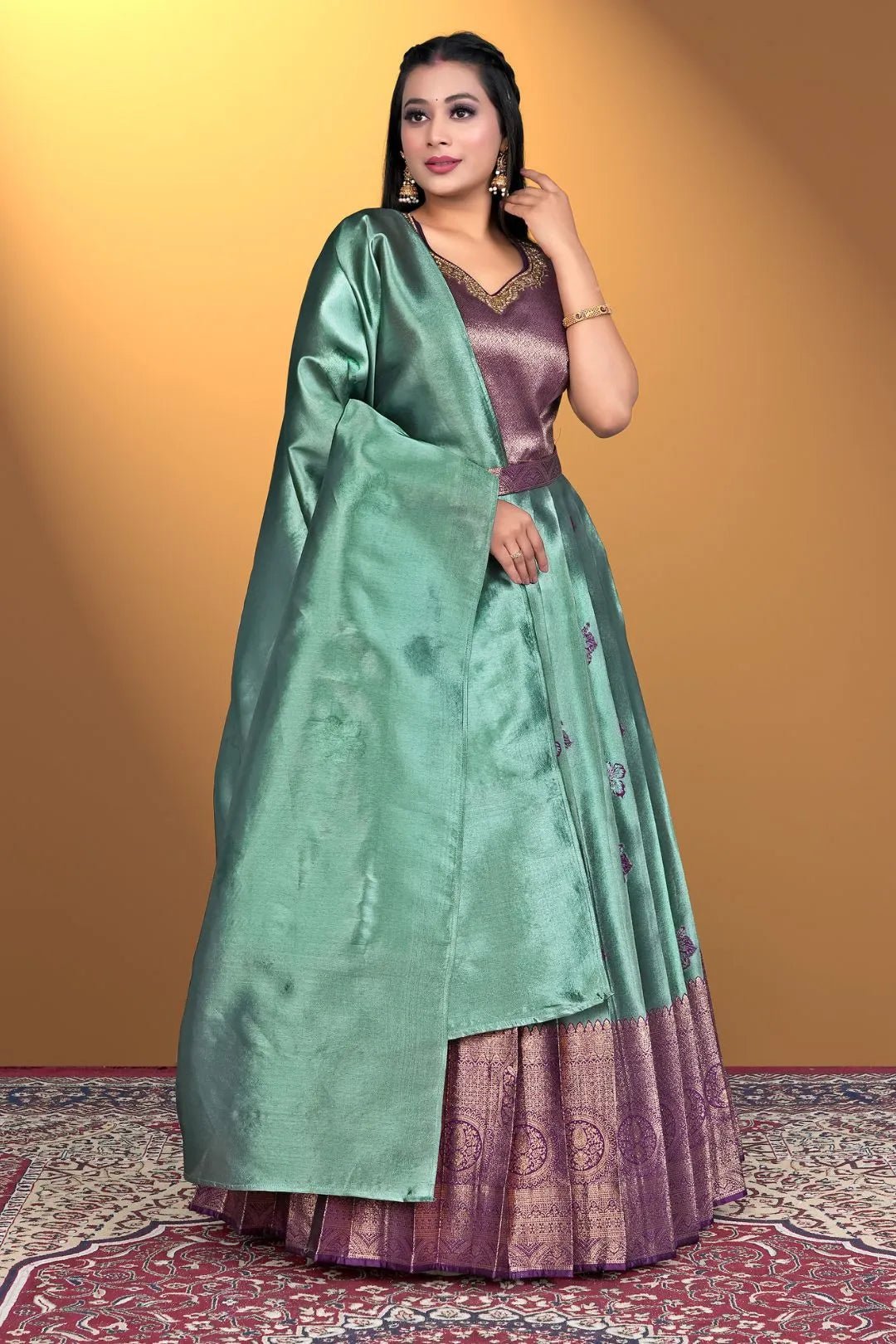 Green Designer Zari Silk Gown With Dupatta - Gajiwala