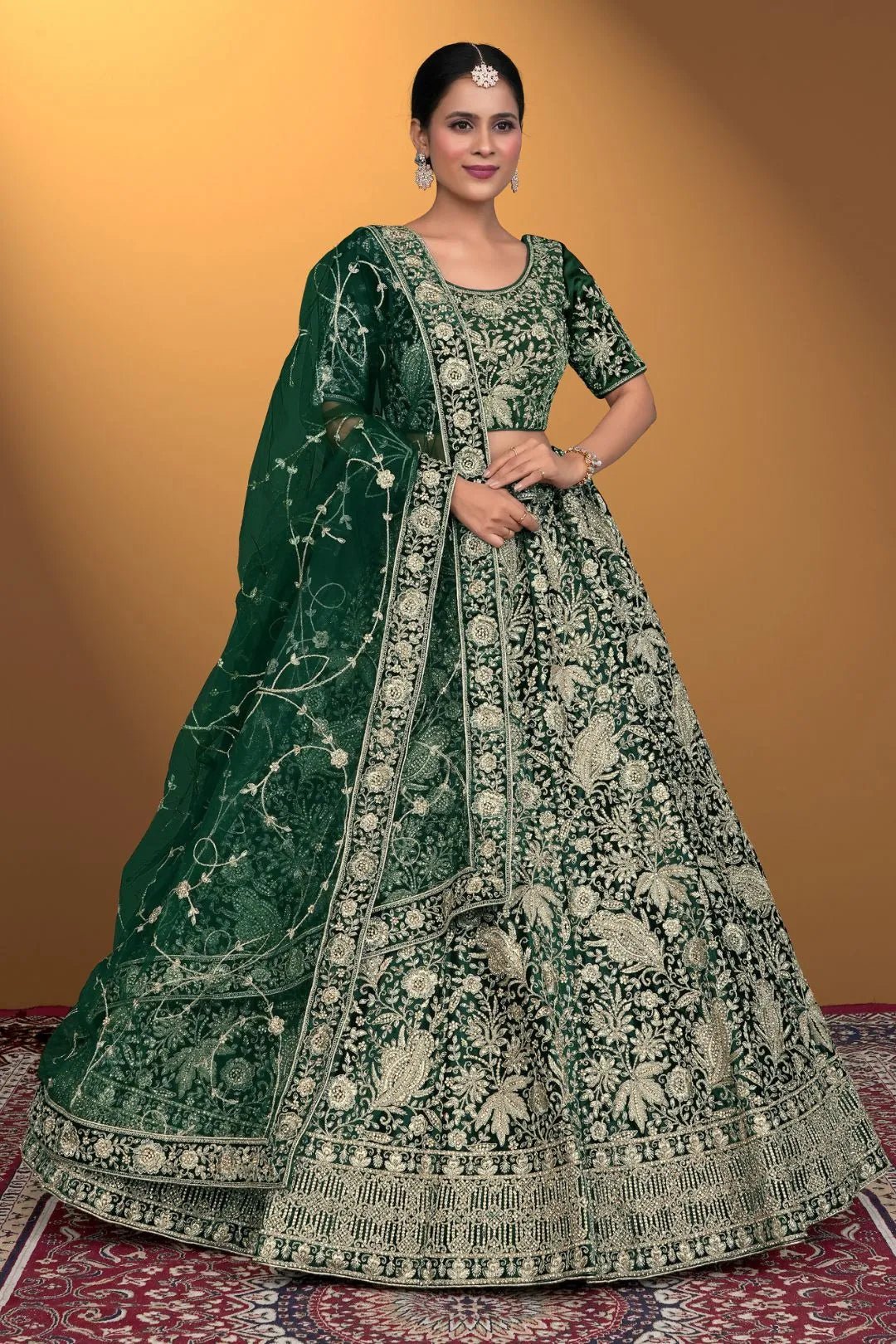 Green Velvet Lehenga Choli With Net Dupatta For Women - Gajiwala