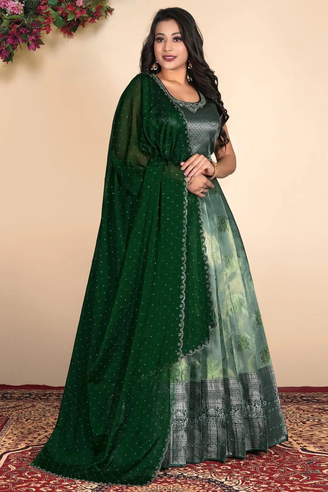 Green Zari Silk Zari Woven Gown With Dupatta - Gajiwala