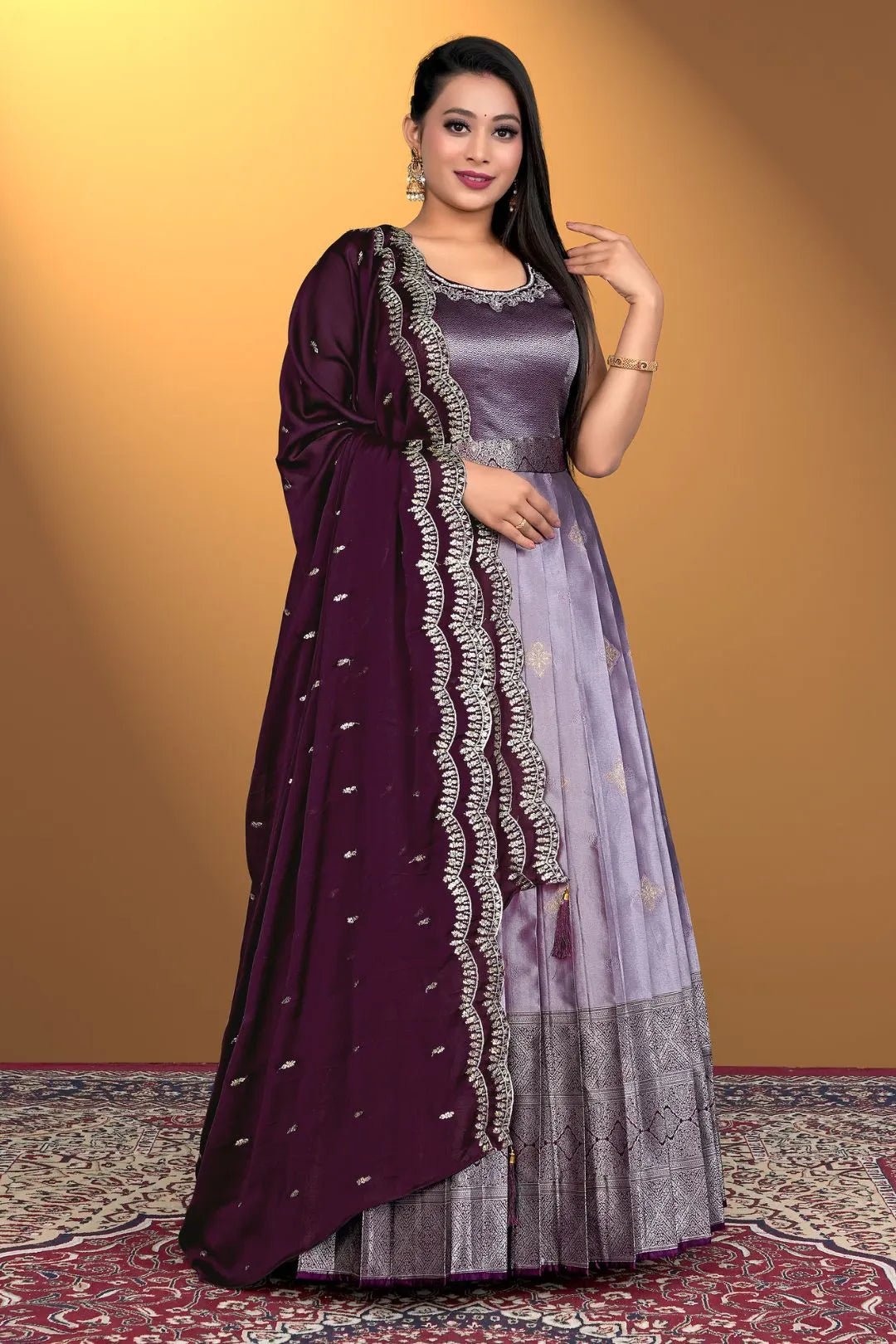 Lavender Banarasi Silk Zari Woven Gown With Dupatta - Gajiwala