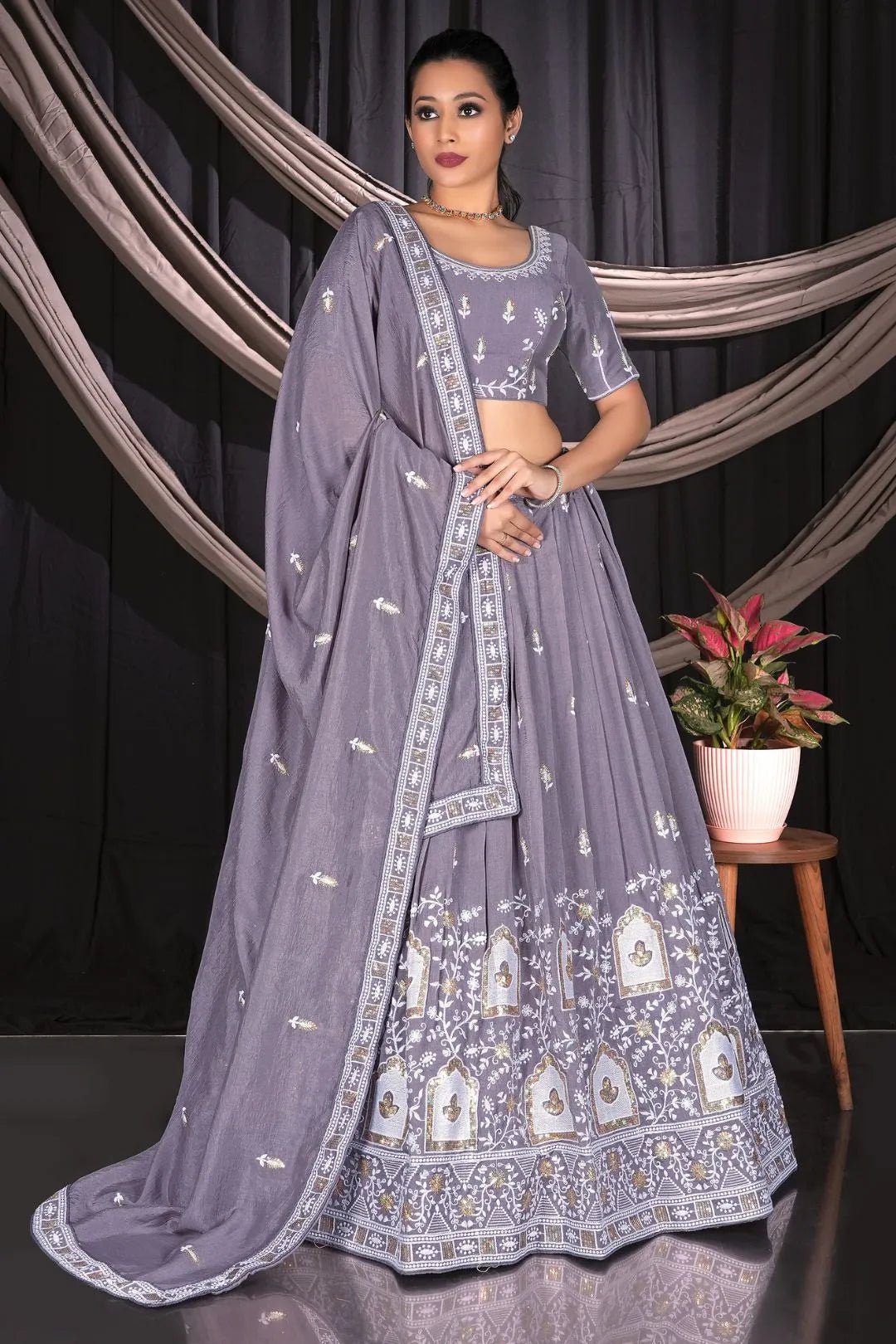 Lavender Vichitra Silk Crop Top Lehenga For Women - Gajiwala