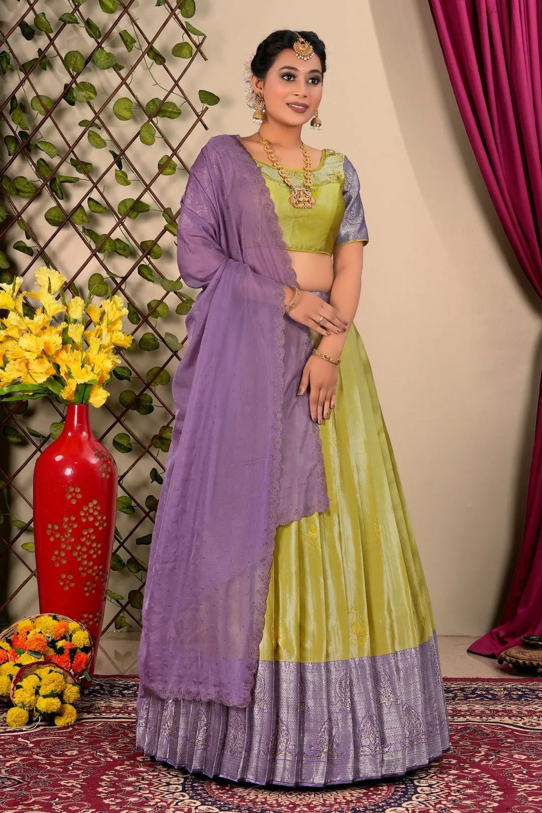 Lemon Jacquard Silk Half Saree For Women - Gajiwala