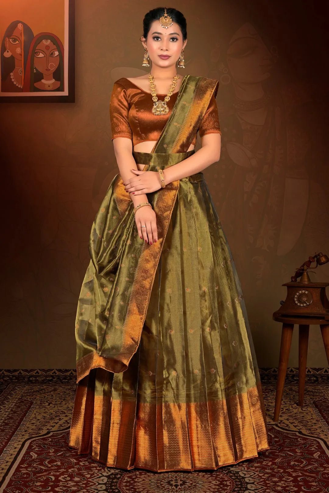 Mehendi Tissue Silk Zari Work Lehenga Choli For Women - Gajiwala