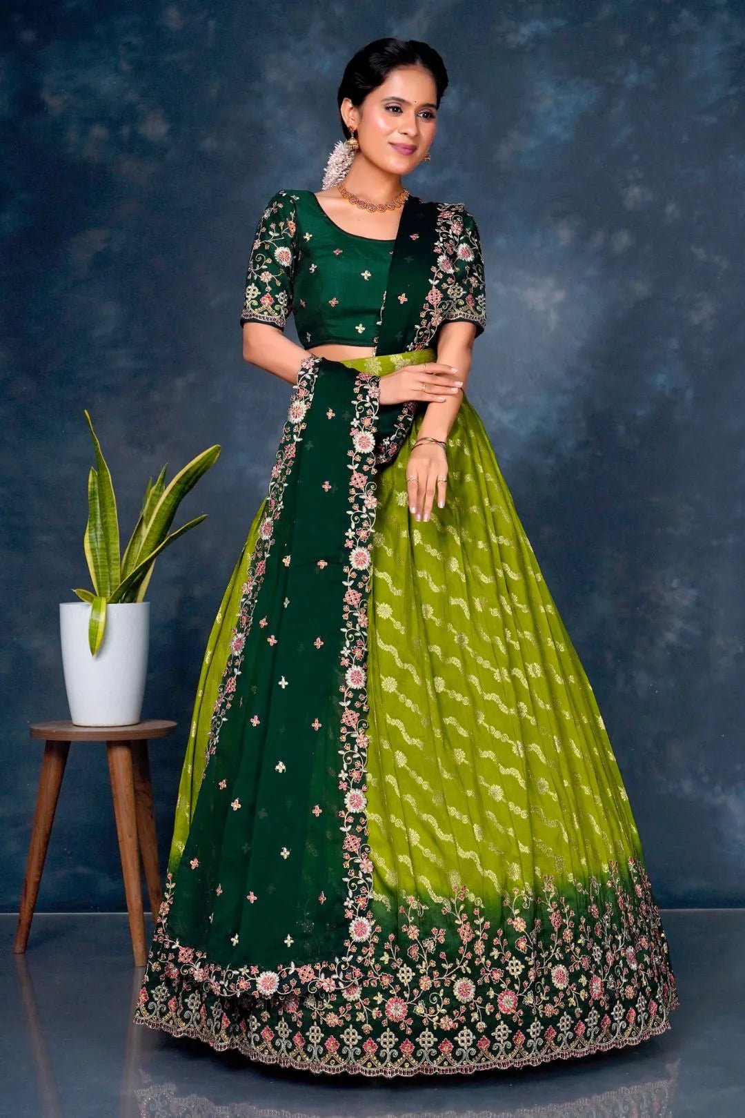 Mehendi Viscos Muslin Lehenga With Green Dupatta - Gajiwala