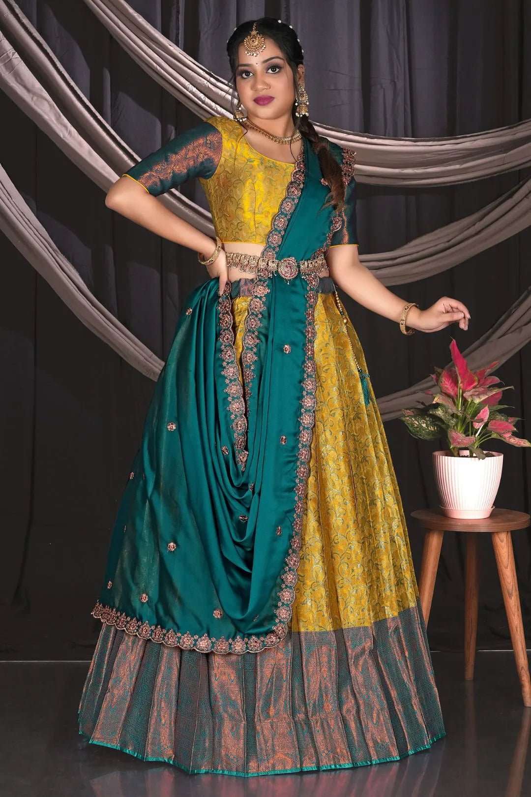 Mustard Banarasi Half Saree With Zari Work - Gajiwala