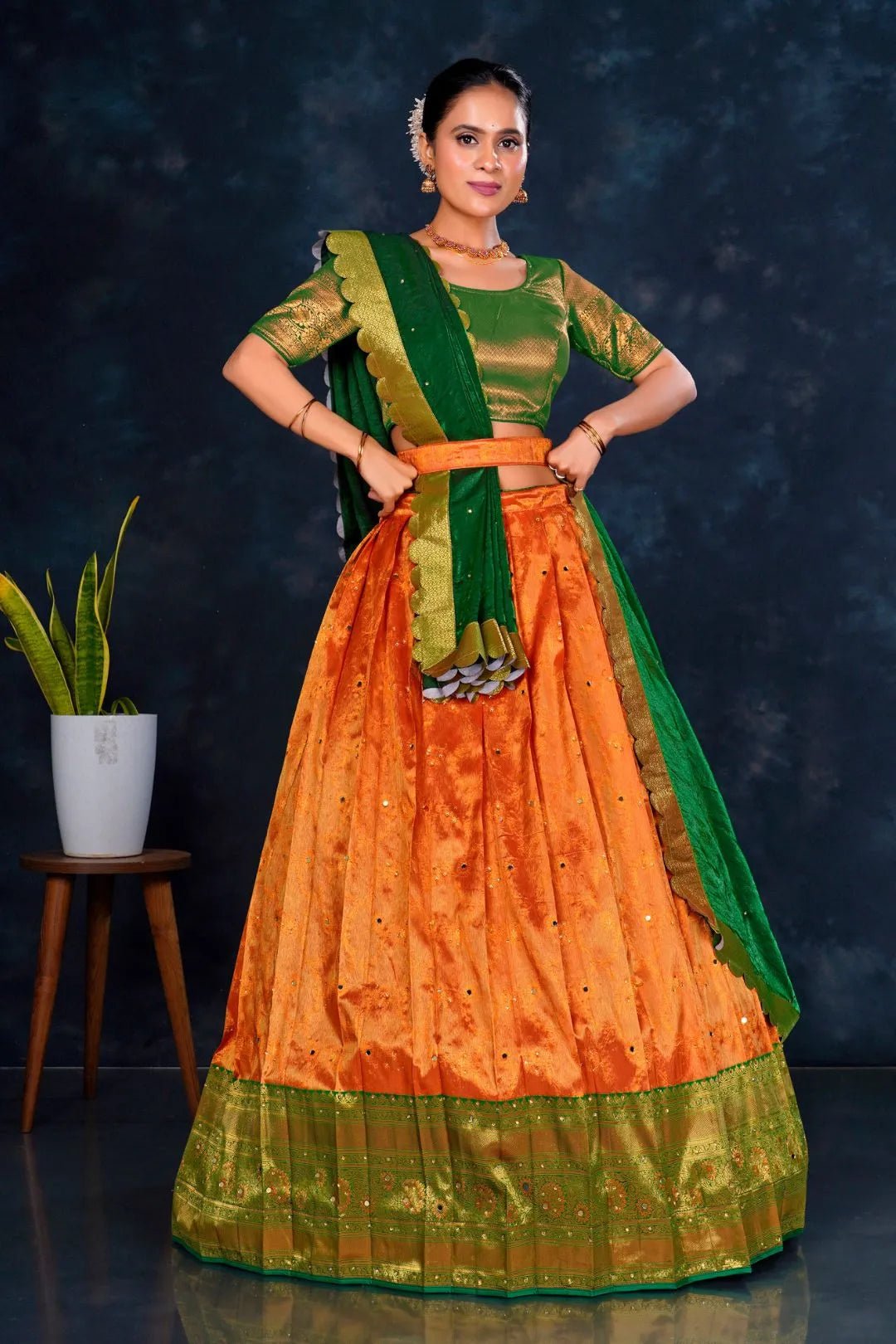 Orange Banarasi Designer Half Saree For Women - Gajiwala