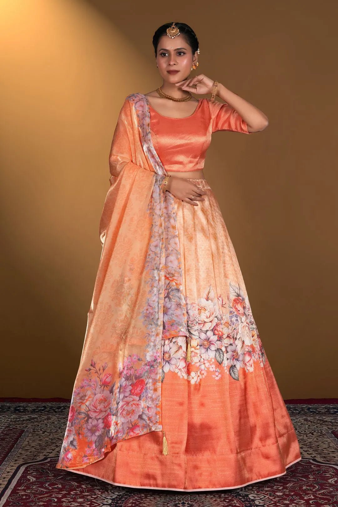 Orange Digital Printed Satin Lehenga With Chinnon Dupatta - Gajiwala