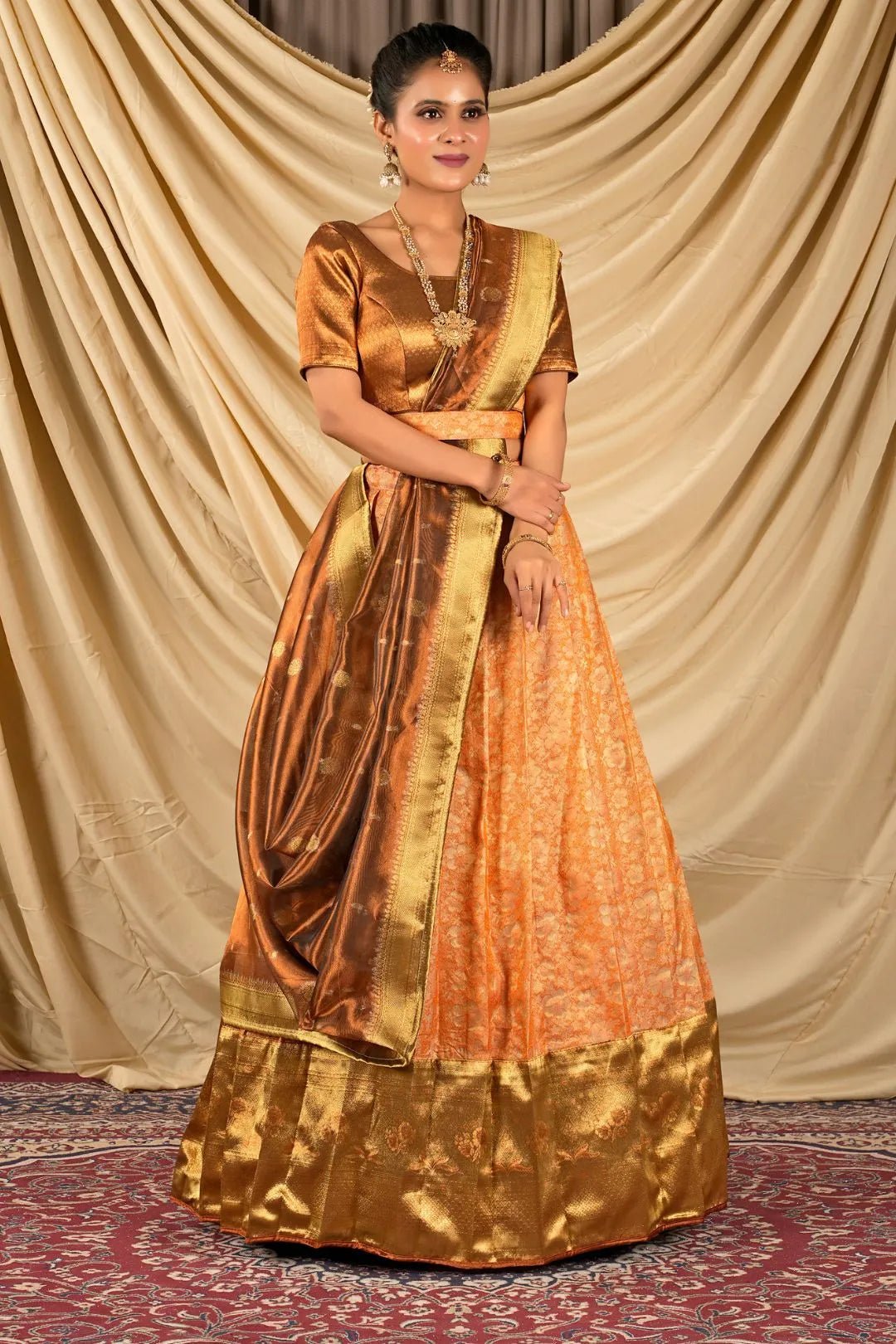 Orange Self Jacquard Silk Lehenga Choli With Zari Woven - Gajiwala