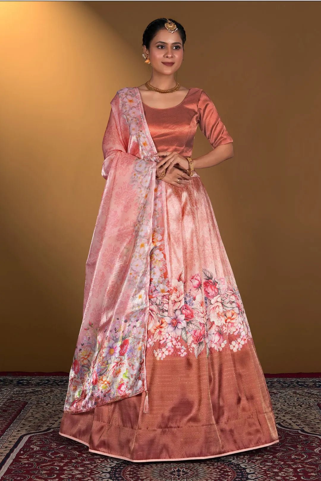 Peach Digital Printed Satin Lehenga With Chinnon Dupatta - Gajiwala
