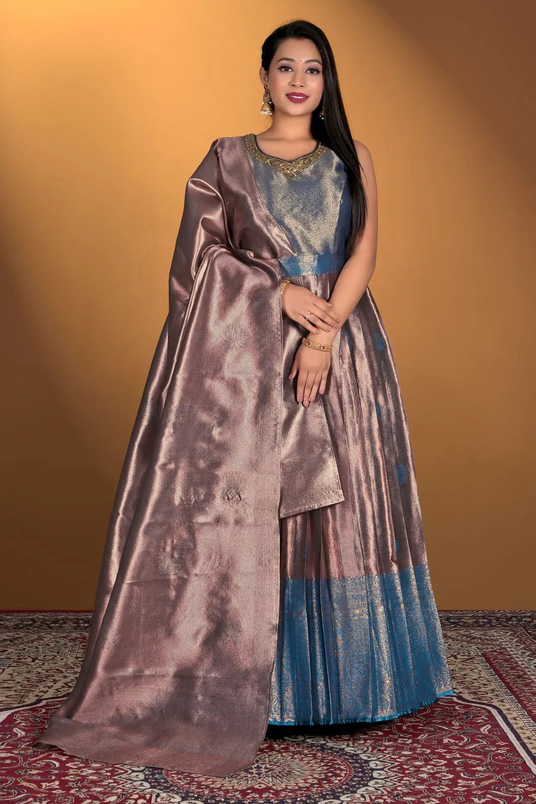 Peach Long Gown Banarasi Silk Zari Weaving - Gajiwala