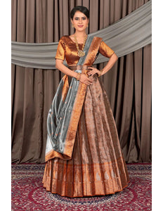 Peach Pure Two Tone Zari Tissue Pattu Half Saree For Women - Gajiwala