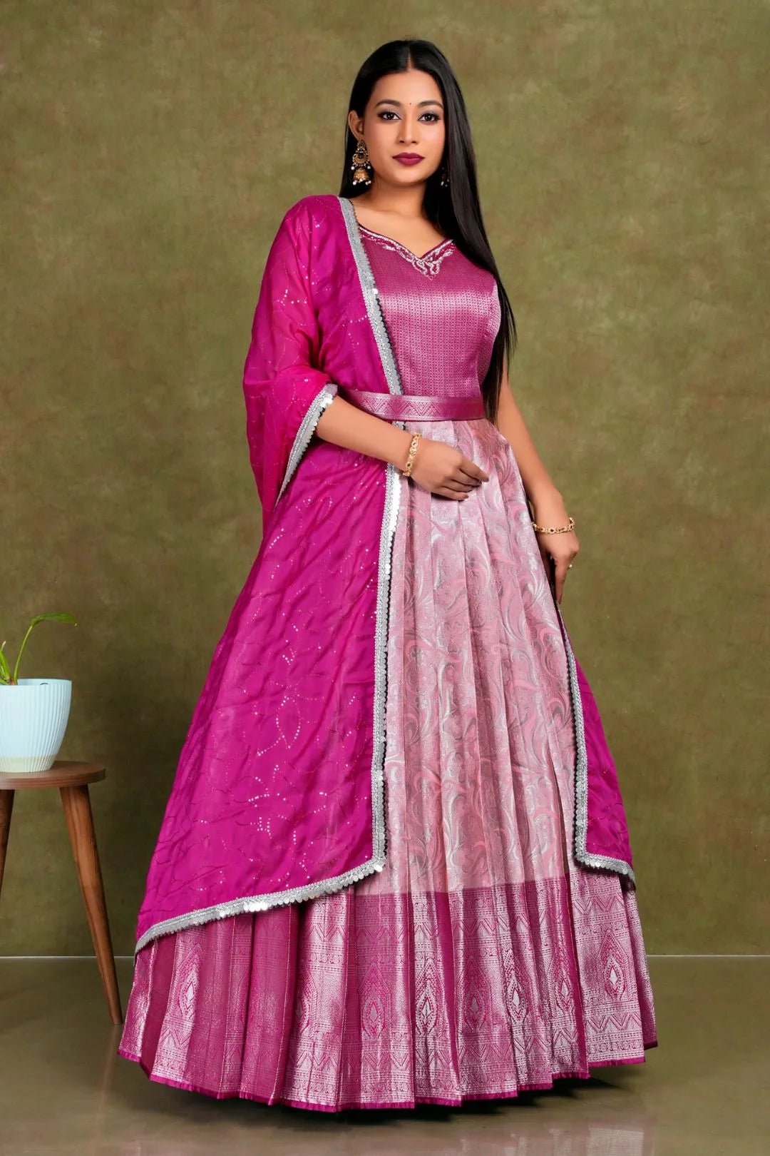 Pink Banarasi Long Gown With Dupatta - Gajiwala