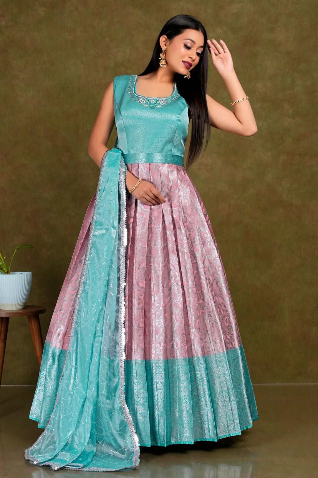 Pink Banarasi Silk Gown With Zari Work - Gajiwala