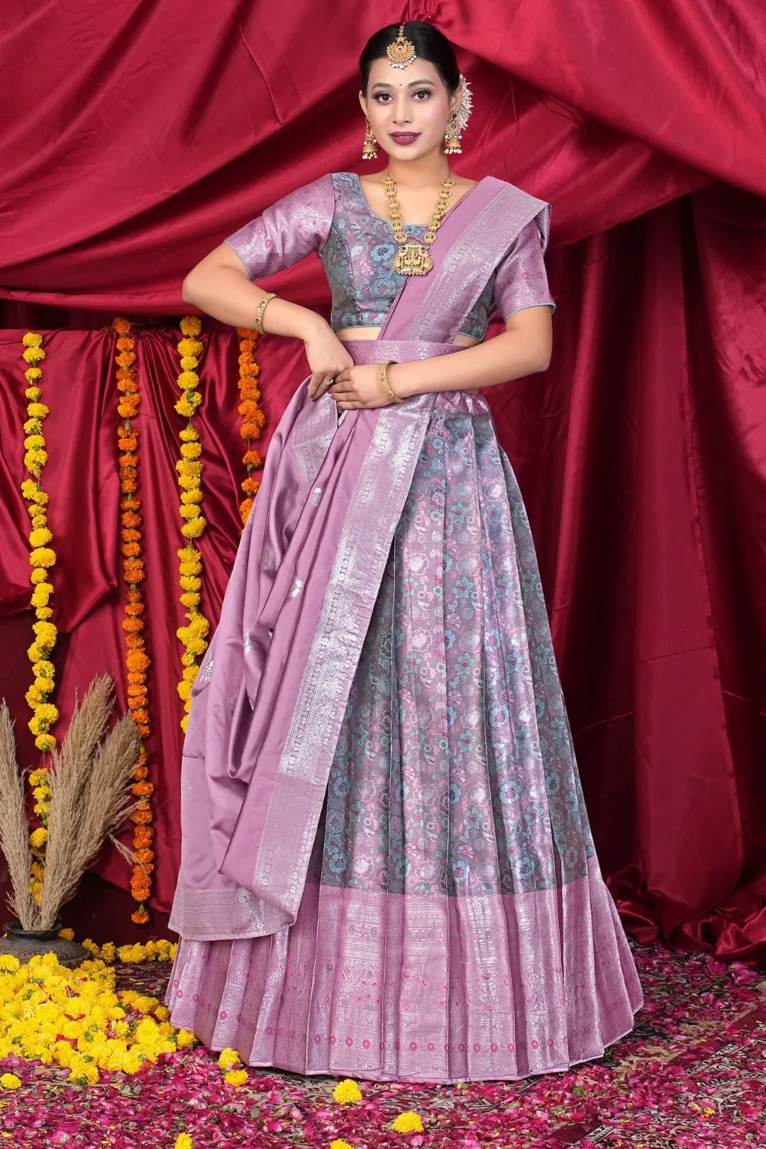 Pink Banarasi Silk Half Saree With Zari Weaving - Gajiwala