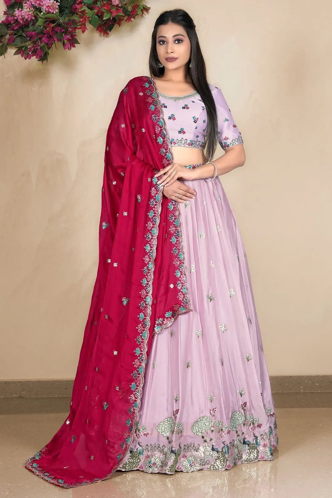 Pink Embroidered Lehenga Choli In Satin Chiffon Fabric - Gajiwala