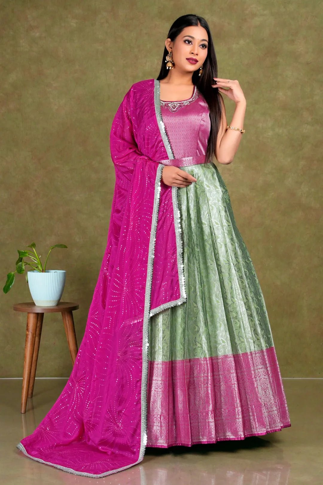 Pista Banarasi Long Frock With Dupatta For Women - Gajiwala