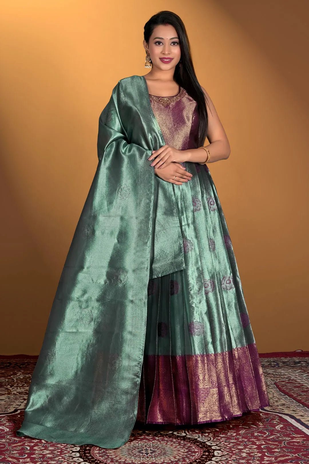 Pista Banarasi Silk Zari Woven Gown With Dupatta - Gajiwala