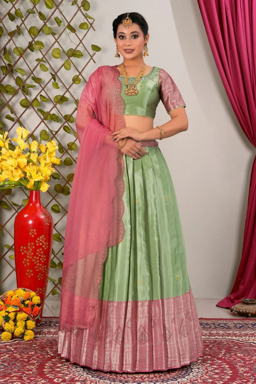 Pista Latest Jacquard Silk Zari Weaving Lehenga Choli - Gajiwala