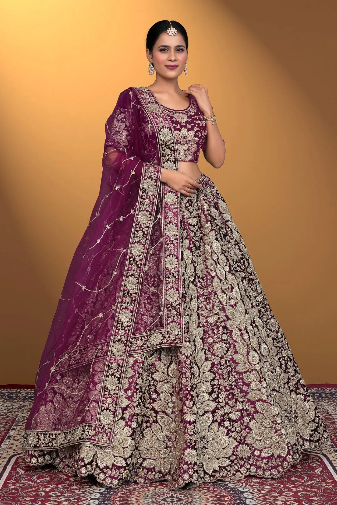 Puple Velvet Lehenga Choli With Net Dupatta For Women - Gajiwala