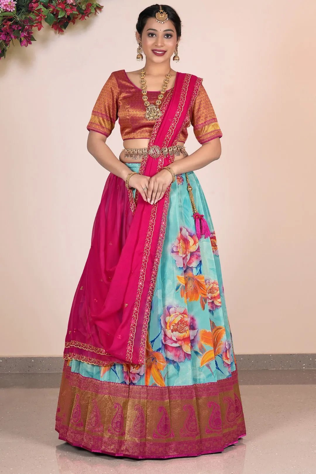 Sea Green Banarasi Lehenga Choli With Digital Print - Gajiwala