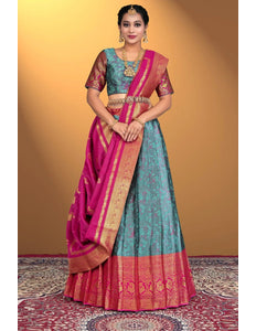 Sea Green Banarasi Zari Silk Half Saree For Women - Gajiwala