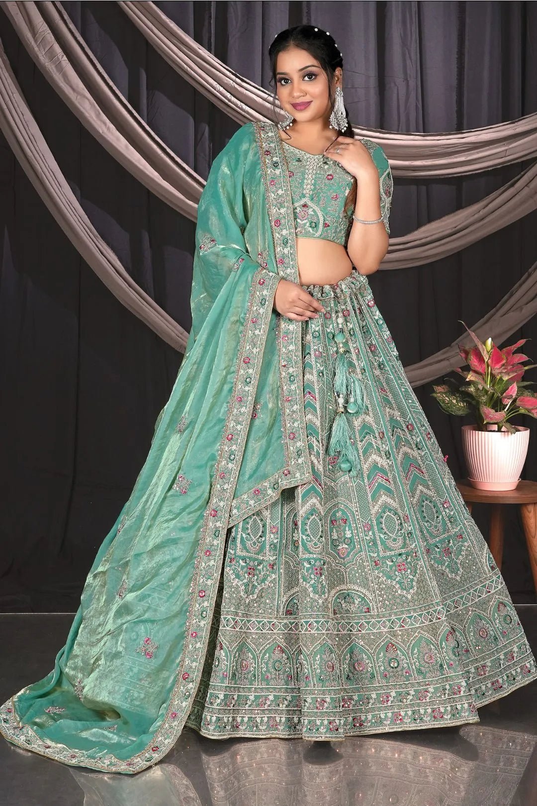 Sea Green Embroidered Jimmy Chew Lehenga Choli For Weddings - Gajiwala