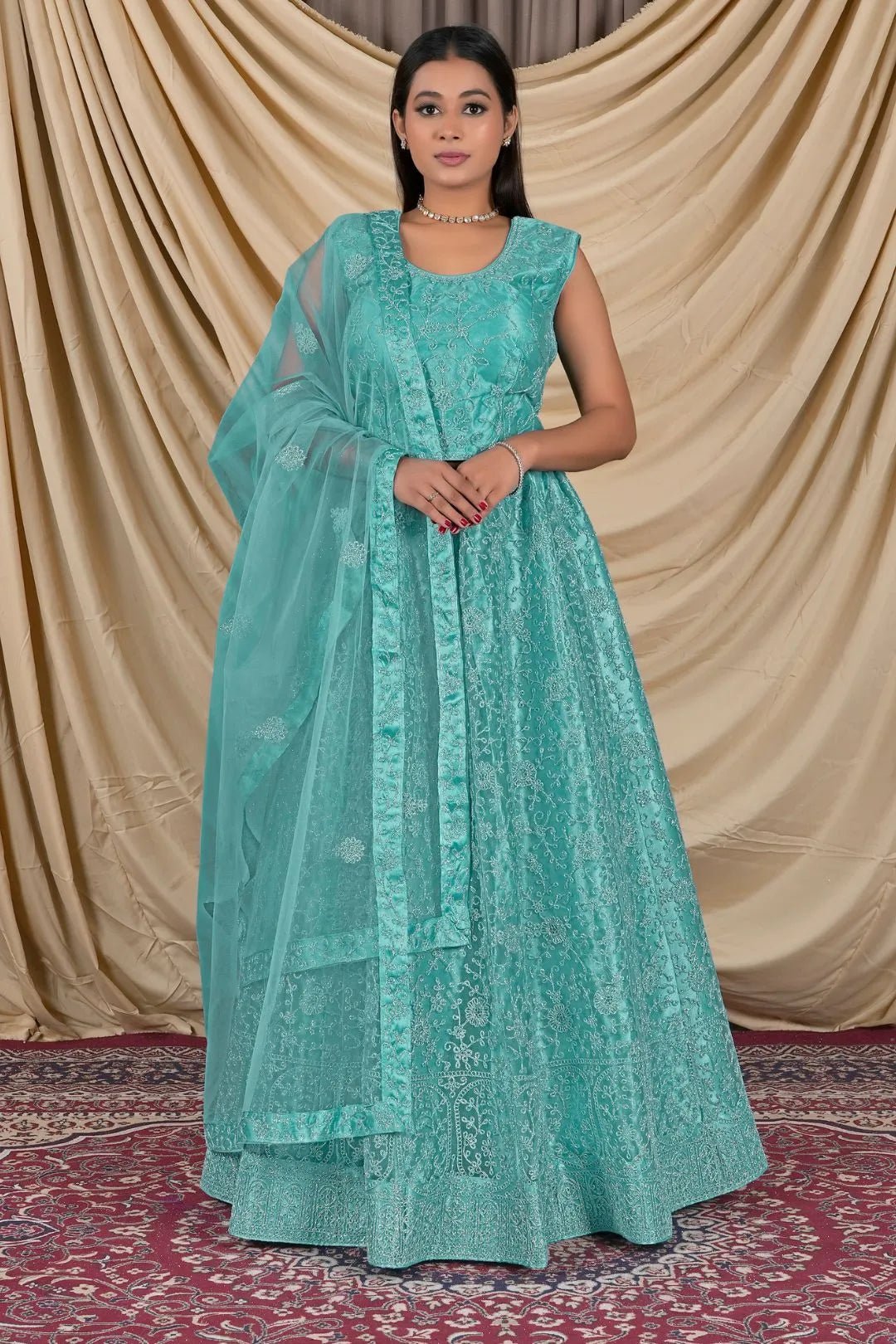 Sea Green Net Readymade Lehenga Choli For Girls - Gajiwala