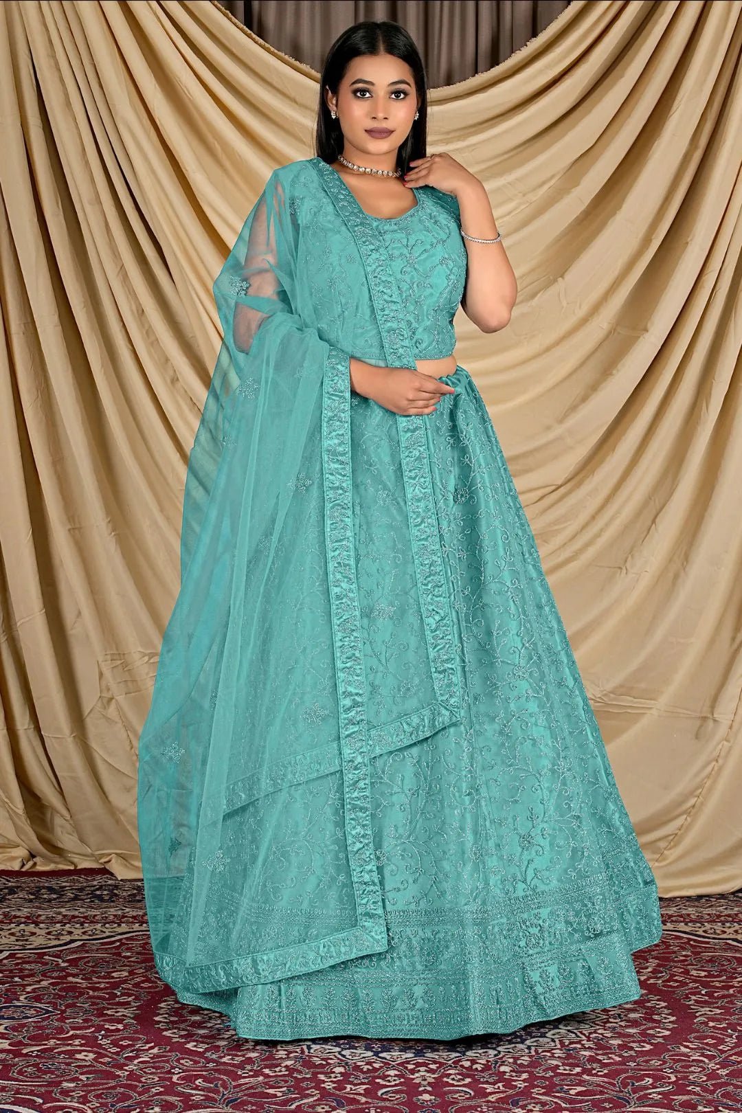 Sea Green Readymade Net Lehenga Choli For Weddings - Gajiwala