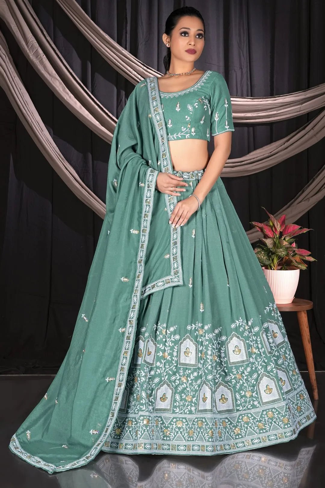 Sea Green Vichitra Silk Crop Top Lehenga For Women - Gajiwala