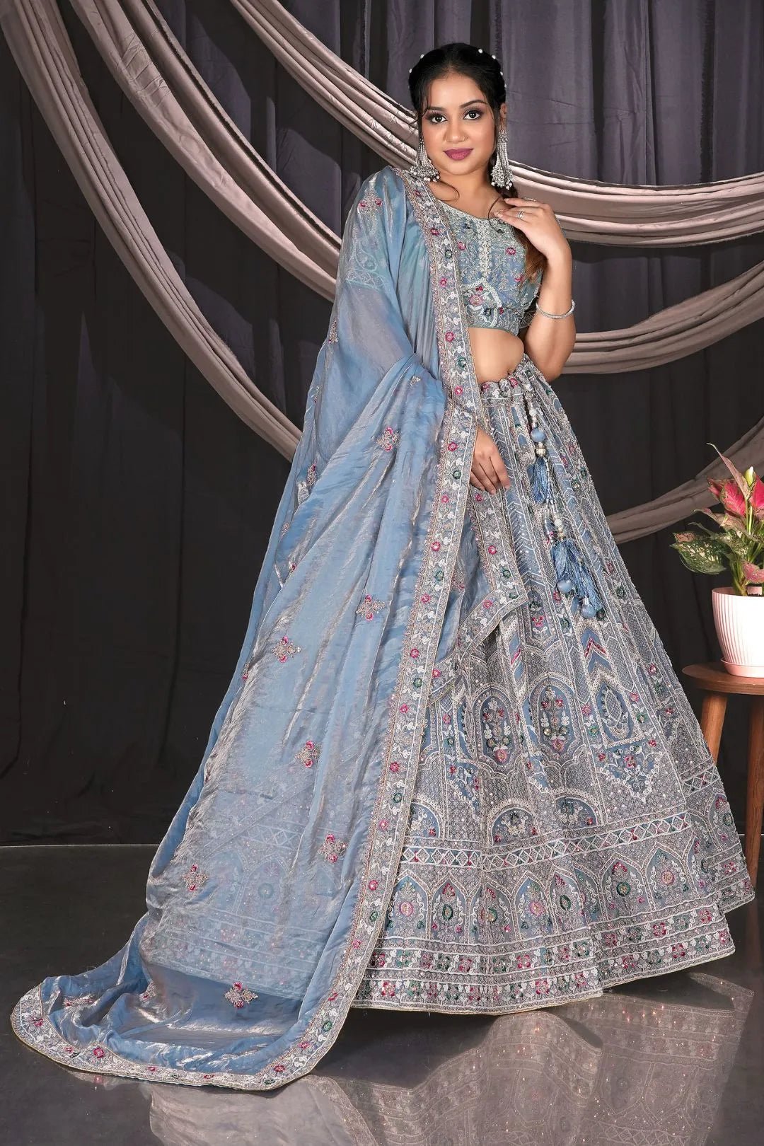 Sky Blue Embroidered Jimmy Chew Lehenga Choli For Weddings - Gajiwala