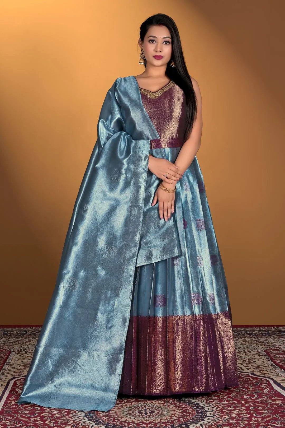 Sky Blue Long Gown Banarasi Silk Zari Weaving - Gajiwala