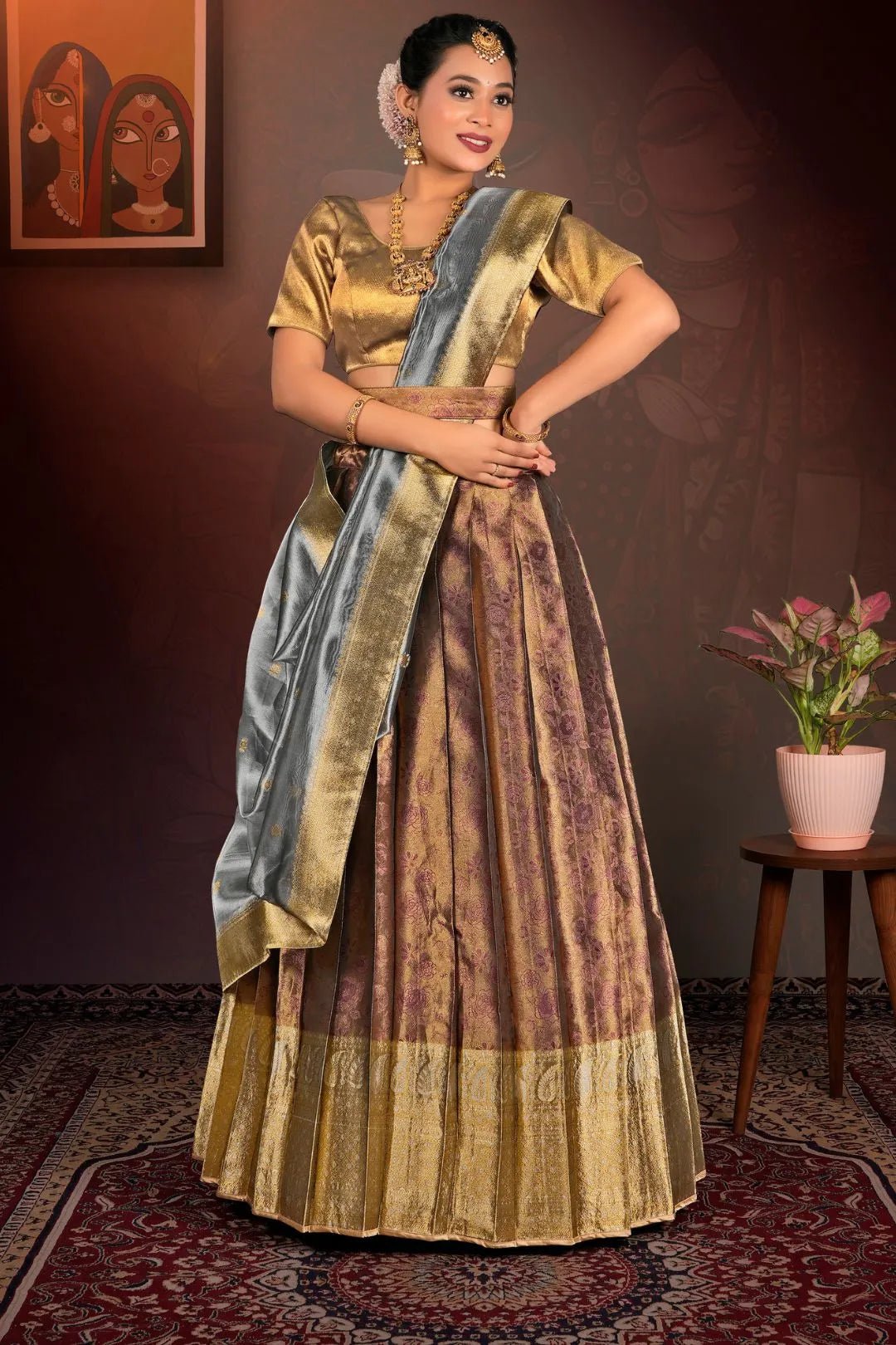 Wine Pure Two Tone Zari Tissue Lehenga Choli with Zari Work - Gajiwala