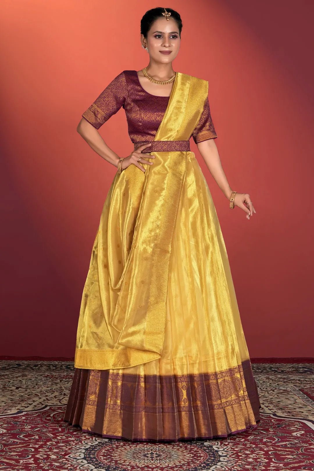 Yellow Tissue Silk Pattu Half Saree With Zari Woven - Gajiwala