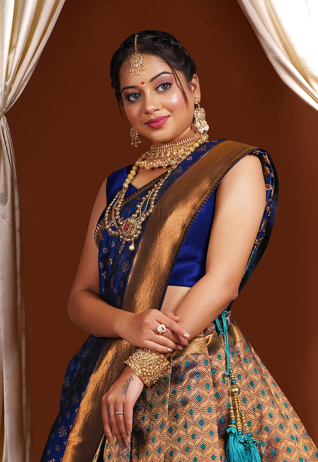 Navy Blue Kanjivaram Silk Half Saree