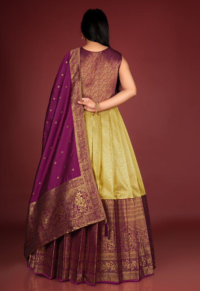 Lemon Designer Banarasi Silk Gown With Dupatta