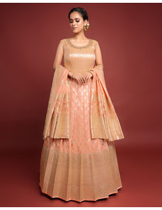 Peach Banarasi Pattu Gown With Zari Woven
