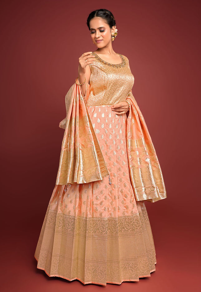 Peach Banarasi Pattu Gown With Zari Woven