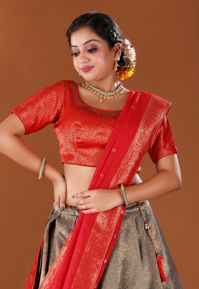 Gray Kanjivaram Silk Half Saree With Zari Woven