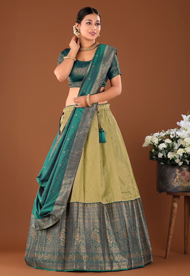 Lemon Kanjivaram Silk Half Saree With Zari Woven