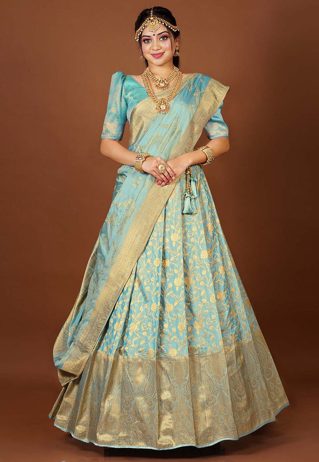 Sky Blue Banarasi Silk Lehenga 