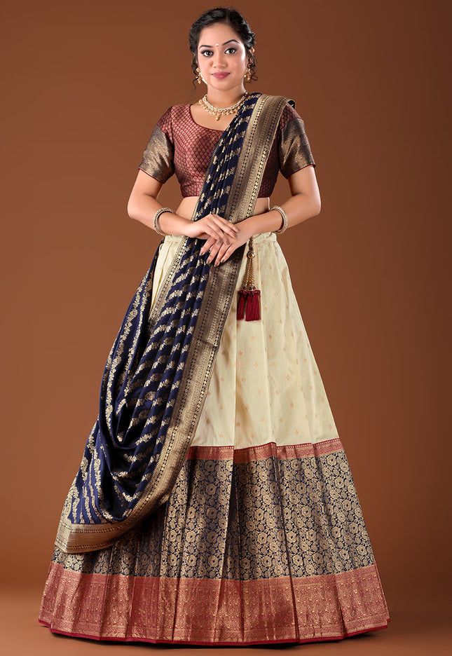 Navy Blue Banarasi Pattu Lehenga