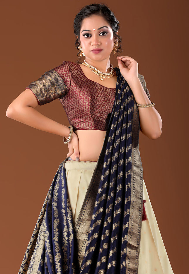 Navy Blue Banarasi Pattu Lehenga